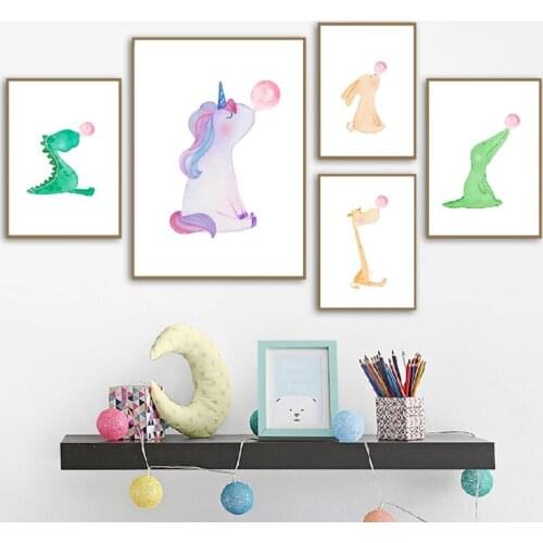 Watercolor Animals Blowing Bubble Gum Nordic Posters and Prints Bunny Giraffe Unicorn Nursery Wall Art Decor Canvas Painting
