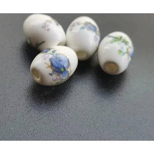 28Pieces Oval Ceramic Beads 10.4mm*8mm Blue Flower with green leaf for jewelry making 3625