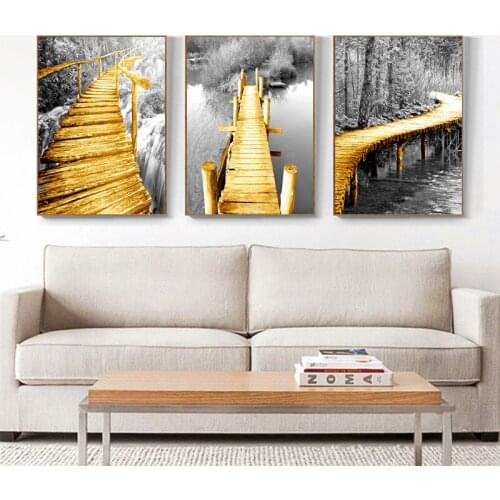 Gold Bridge To Forest Black White Photograph Realist Canvas Wall Art Painting Triptych Sitting Room Corridor Home Decor