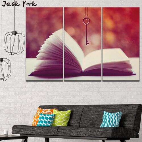 Canvas Painting books and Love key necklace 3 Pieces Wall Art Painting Modular Wallpapers Poster Print living room Home Decor