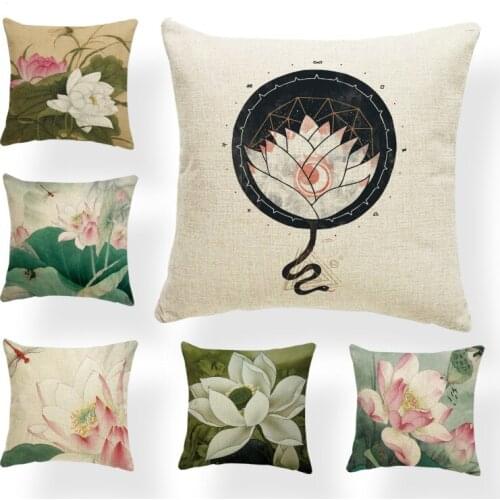 Beautiful Chinese Style Lotus Pillowcase Dragonfly Kingfisher Fish Sofa Decoration Cushion Mandarin Duck Polyester Linen Pillow