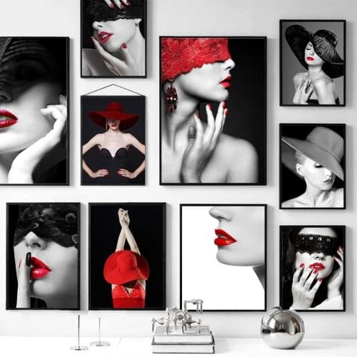 Red Lips Black White Fashion Wall Art Poster Print Sexy Model Girl Wall Art Nordic Picture Canvas Painting Home Decoration Art