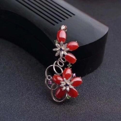 Natural red coral gem pendant S925 silver Natural gemstone Pendant Necklace trendy Fashion long Flower women girl gift jewelry