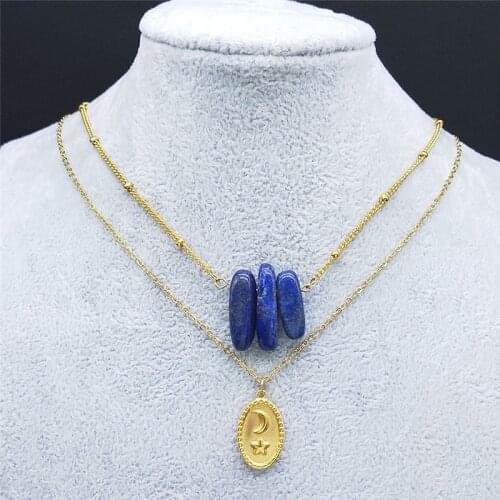 Lapis Lazuli Stainless Steel Astrology Stars Moon Pendants Necklaces Women Gold Color Necklaces Jewelry collier chaine NY44S04