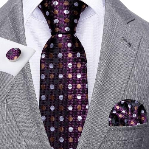 Fashion Purple Dot Men Tie Set 8.5cm Silk Jacquard Neckties Wedding Business Handkerchief Cufflink Tie Set Barry.Wang FA-5291