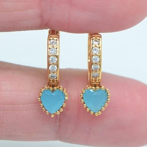Fashion Gold Color Women Lake Blue Cubic Zirconia CZ Love Heart Huggie Hoop Earrings