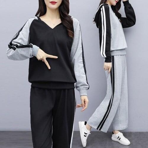 Fashionable Autumn Sports Collage Top + Wide Leg Pants Two-piece Suit Loose Trousers Suit Set Survetement Femme 2 Piece Suit Set