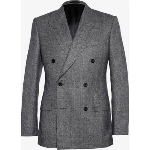 Middle Grey Double Breasted Glen Check Wedding Suits For Men Custom Made Suit Grey Glen Plaid Wide Peak Lapel Fashion Men Suits