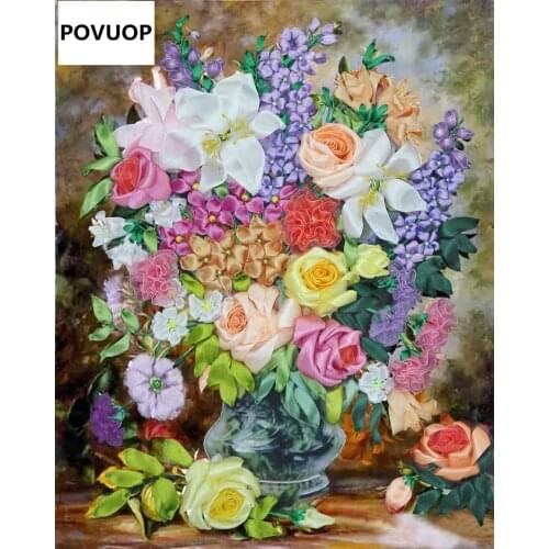 POVUOP New cross stitch ribbon embroidery kit 60X50cm new arrival fashion ribbon embroidery kit 3d print cross stitch paintings