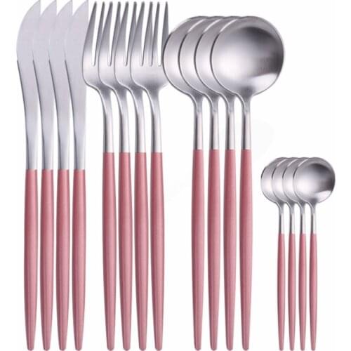 Stainless Steel Cutlery Set Fork Knife Set Tableware Spoons and Forks Set Dinnerware Flatware Matte 16pcs Pink Silver Dinner