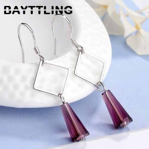 BAYTTLING New 925 Sterling Silver Square Pendant Crystal Drop Earrings For Woman Fashion Glamour Jewelry Gift Couple