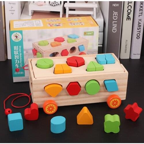 Baby Block Match Learning Educational Wood Toy 17 Holes Geometry / Digital Shape Intelligence Box Trailer Early Learn Cube Game