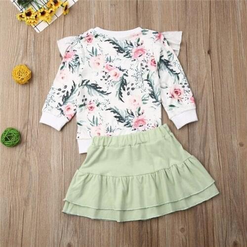 1-6 Years Toddler Kids Baby Girl Outfits 2019 Autumn Floral Pullover Sweatshirt Green Skirts Girls Set Autumn Girls Clothing Set