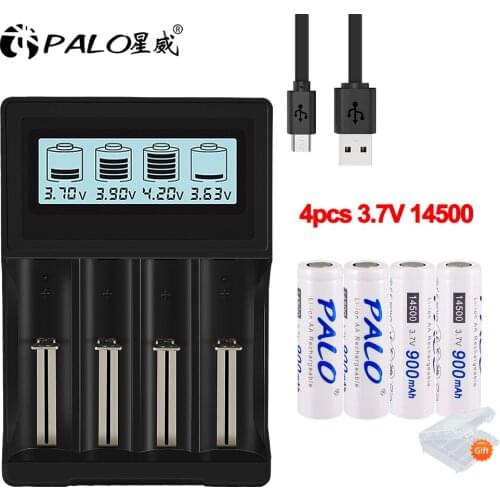 Palo 3.7V 14500 AA lithium rechargeable 14500 battery 900mah for Flashlight Toys+LCD smart charger 14500 18650 Battery Charger