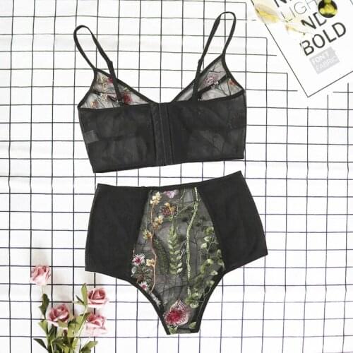 Sexy 2pcs Embroidery Lingerie Set For Women Transparent Mesh Yarn Bra +High Waist Panties Nightwear Erotic Lace Sets Underwear