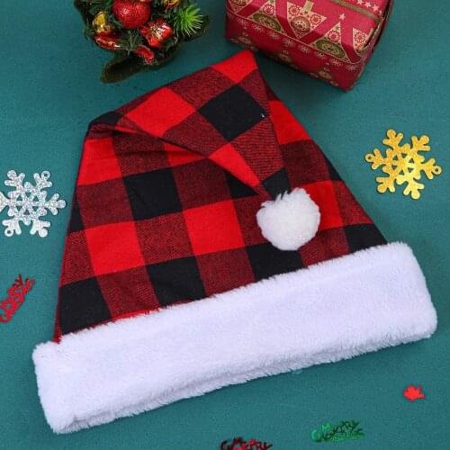 Christmas Santa Hat, Red and Black Buffalo Plaid Luxury Santa Plush Hat for Adults and Teens