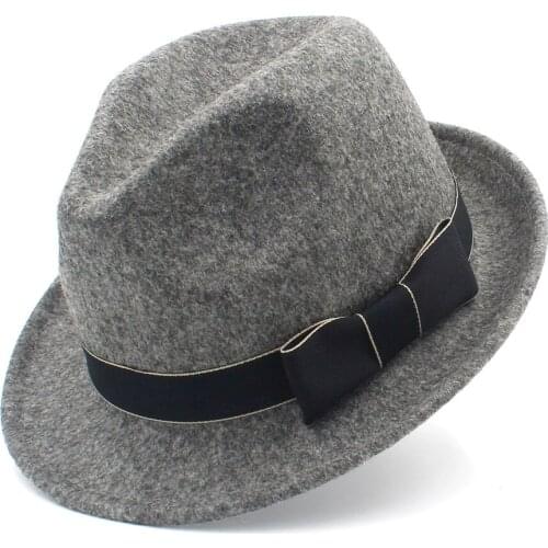 Fashion Women Men Fedora Hat For Winter Autumn Elegant Lady 100% Wool Trilby Homburg Church Jazz Caps With Bowknot Ribbon