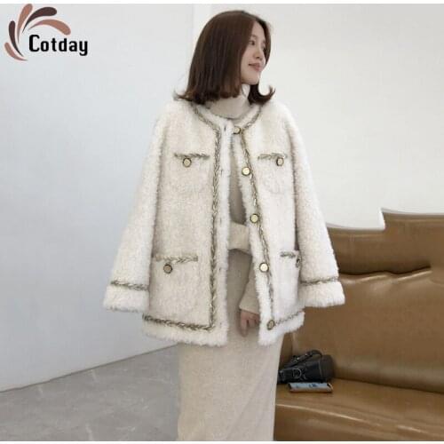 Cotday Wool Women Single Breasted Natural Winter Thick Outerwear Little Fragrance New 2021 Good Quality Female Short Fur Coat
