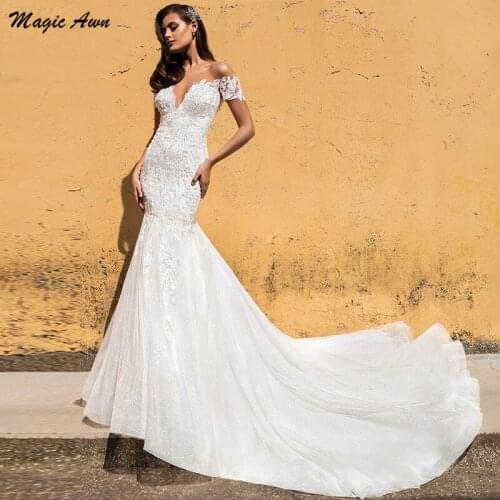 Magic Awn Vintage Mermaid Wedding Dresses Sheer Off The Shoulder Lace Appliques Glitter Princess Mariage Gowns With Train Robes