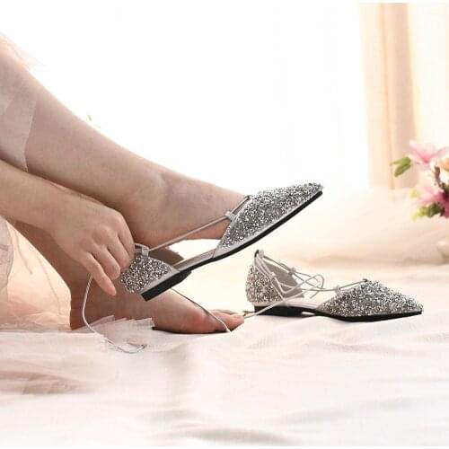 TOPQUEEN A11-G Silver Wedding Shoes Strappy Sparkling Sequined Comfortable Flat Fashion Versatile flat silver shoes for wedding