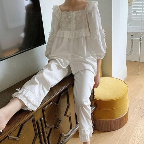 Tops Princess Sweet Pajamas Sleepwear Ruffle Womens Polyester Home Service Sexy Suit Long Sleeve Pants