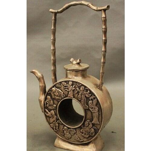 Decoration Tibet copper silver 8 China Classic Silver 8 Immortal God Bamboo Handle Wine Tea Pot Flagon Statue