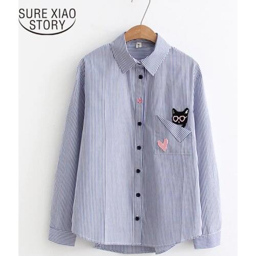 Embroidery Blue Striped Blouses Tops Camisas Women Blouses 2021 Long Sleeve Shirts Female Cute Cats Embroidery Shirts 6833 50