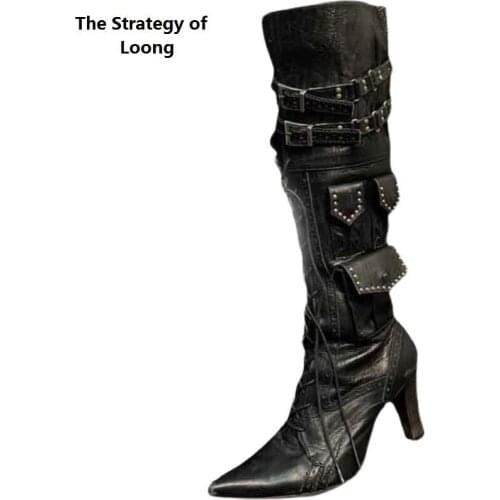 Spring Autumn New Fashion Thin High Heels Point Toe Pockets Cross-tied Buckles Women Knee-High Long Modern Equestrian Boots 0904