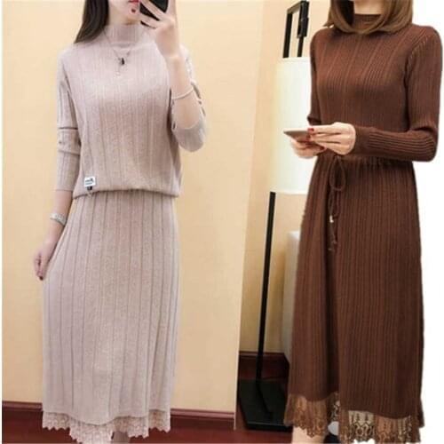 2 Piece Knitted Split Skirt Set Women 2020 Autumn New lace Patchwork Long Sleeve Skirt And Top Two Piece Suit Outfits