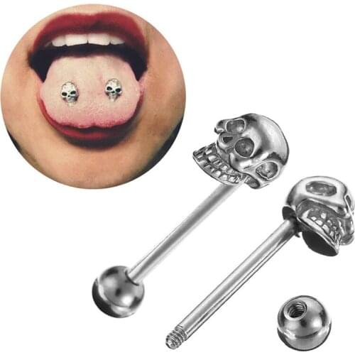 1Pc Langue Industrial Bar Pircin Stainless Steel Fake Piercing Tongue Piercing Surgical Rings Barbell Skull Jewelry