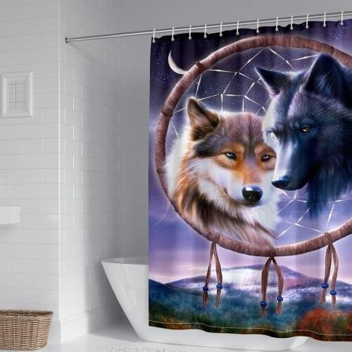 3D Wolf Bath Curtain Dreamcatcher Shower Curtain Bathroom Partition Screen Washable Curtain with Hook Purple Brown Curtains
