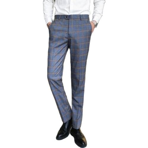 29-38 Zipper Fly Pocket Side Checked Suit Pants Men Fashion Casual Steetwear Business Casual Trousers Formal Office Pantalones