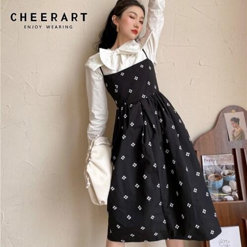 CHEERART Embroidered Floral Black Long Spaghetti Strap Dress Women A Line Ladies Midi Cami Dress Korean Fashion Clothing