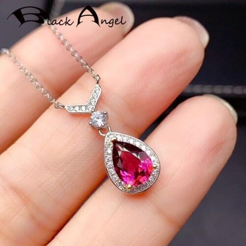 BLACK ANGEL 2021 New 925 Silver Water Drop Shape Created Red Tourmaline CZ Pendant Necklace For Women Party Jewelry Wedding Gift