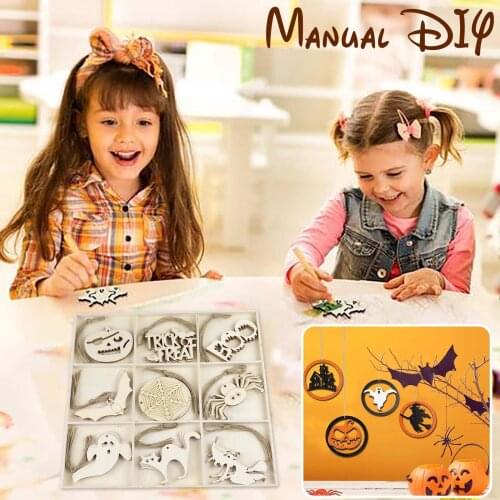 Halloween Diy Wooden Crafts Pendant Home Decor Party Props Pendant Bat Spider Pumpkin Wood Chips Wooden Pendant Ornaments