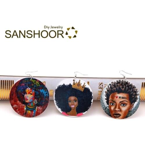 SANSHOOR 6cm African Wooden Drop Earrings With Afro Crown Hair Roots Pattern Afrocentric Bohemia Jewelry 6Pairs/lot