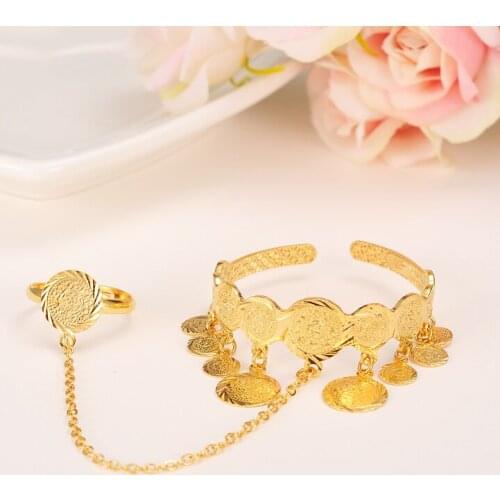 Dubai Gold Stamp baby coin Bangle Child Bracelet With Ring for Kids african Children Bairn Jewelry Baby mideast Arab Gift