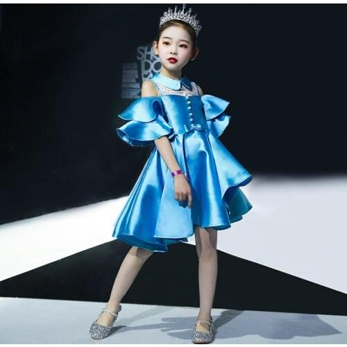 Flower Girl Dresses Short O-Neck Jersey Lace Pearls Bow Off The Shoulder Princess Knee-Length Luxury Blue Kids Party Gown H595