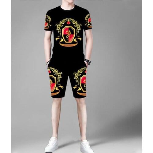 3D color fish print T-shirt + shorts casual two-piece summer new fashion casual short-sleeved phoenix print mens clothing