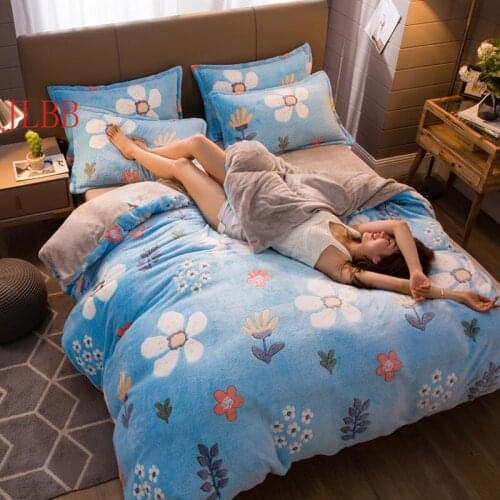 3D flannle fleece bedding set winter warm printed cashmere duvet cover set 4pcs snowflake velvet fleece bedclothes blue flower