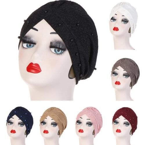 Muslim Women Indian Beanie Beading Hat Head Cover Hair Loss Caps Islamic Headscarf Arab Hat Pleated Bonnet Chemo Cancer Hats New