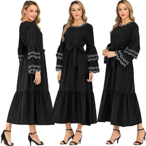 Muslim Long Maxi Dress Robe Abaya Flare Long Sleeve Islam Kaftan Dubai For Women Party Dress Draped With Belt Plus Size Dresses