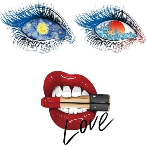 Pulaqi Lips Iron On Transfer Patches For Clothing Van Gogh Vinyl Heat Transfer Thermal Stickers On Clothes Eyes Appliques DIY