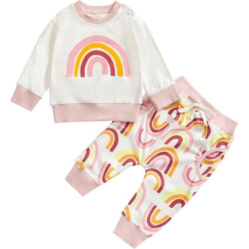 2021 Newest Baby Rainbow Print Clothes Set, Girls Long Sleeve O-neck T-shirt + Drawstring Waist Trousers