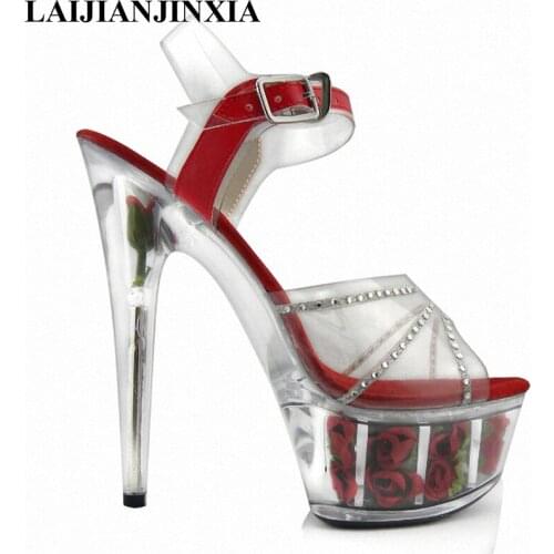 New noble sexy rose ribs, 15 cm high heel sandals, transparent crystal Dance Shoes