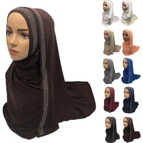 New Muslim Women Long Scarf Hijab Cotton Shawl Head Wrap Rhinestone Stoles Cover Islamic Headscarf Turban Bandanas Arab 75*170CM