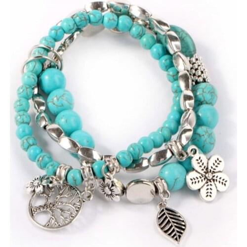Silver Plated Alloy Leaf Tree of Life Green Turquoises Stone Bracelet Flower Ethnic Style Jewelry