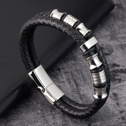 Luxury Fashion Geometric Design Multi-layer Mens Leather Stainless Steel Bracelet Selection Magnet Bracelet Gift