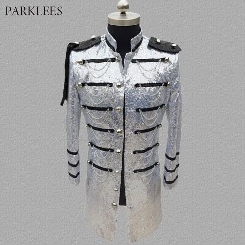 Silver Sequin Military Blazer Men Single Breasted Punk Long Blazer Jacket Men Party Dress Mens Suit Jacket Stage Singers Costume