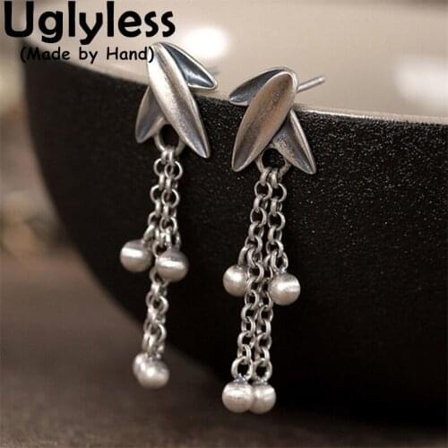 Uglyless China Chic Thai Silver Bamboo Leaves Earrings for Women 925 Silver Balls Tassel Earrings Ethnic Vintage Brincos Bijoux